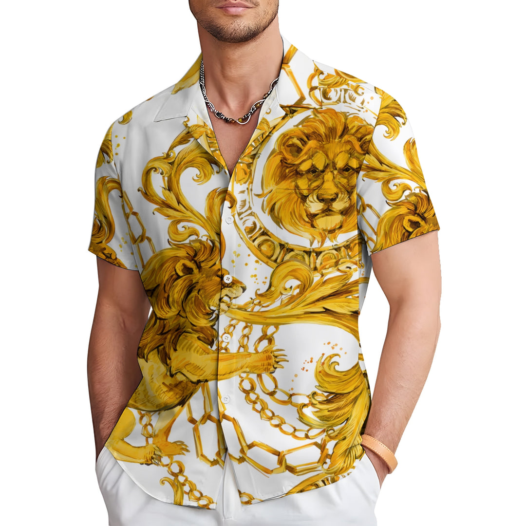 Men's Baroque Lion Chain Casual Short Sleeve Shirt 2403000129