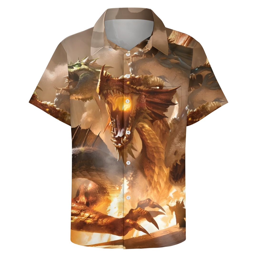 Men's Three Headed Dragon Print Casual Short Sleeve Shirt 2403000224