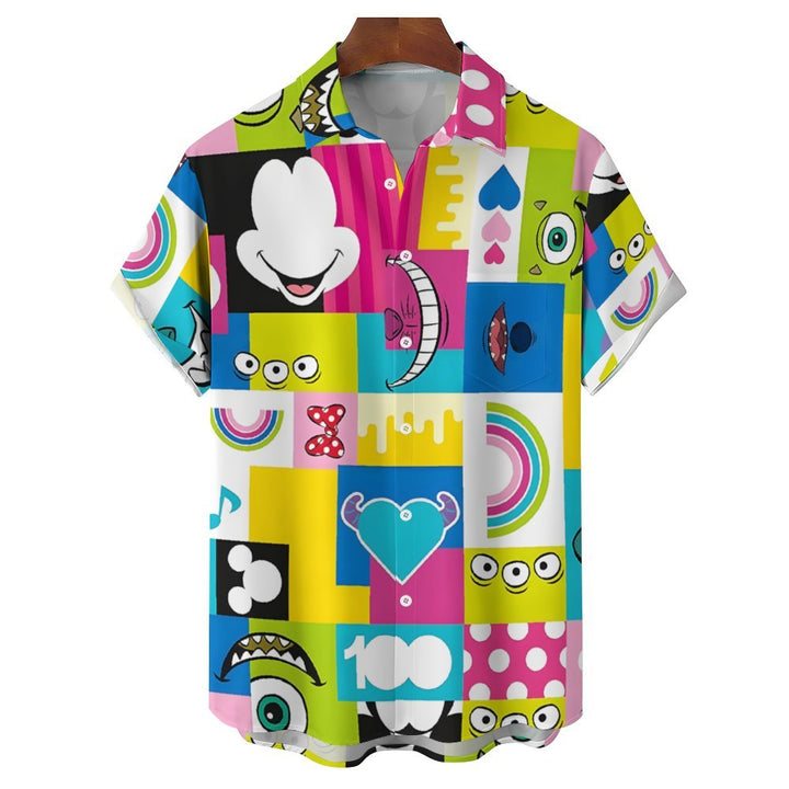 Cartoon Color Block Splicing Character Print Casual Short-Sleeved Shirt 2401000351