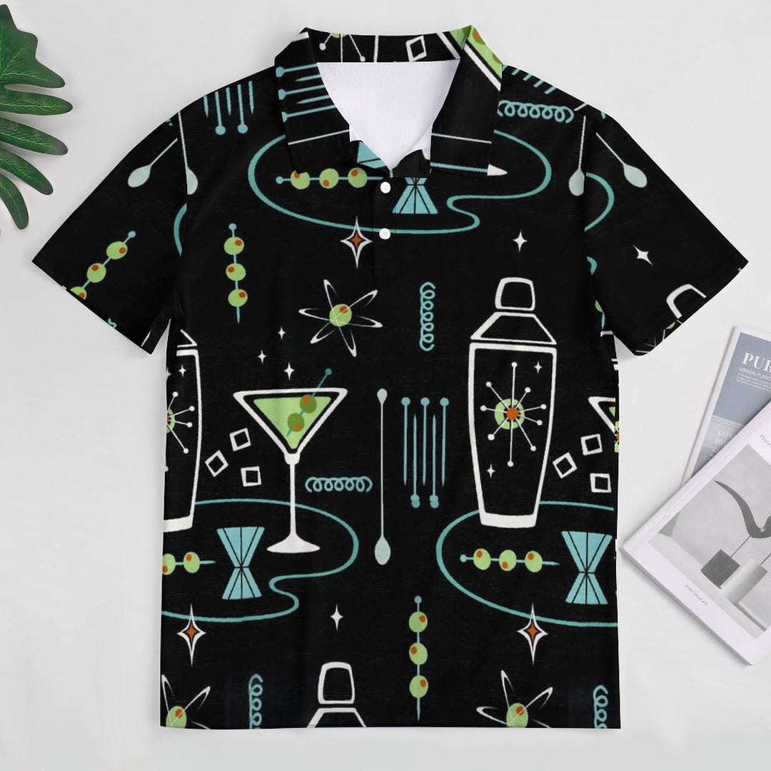 Men's Button-Down Short Sleeve Geometric Cocktail Print Polo Shirt 2312000159