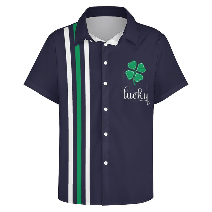 St Patrick‘s Day Lucky Shamrock Chest Pocket Short Sleeve Bowling Shirt 2312000417