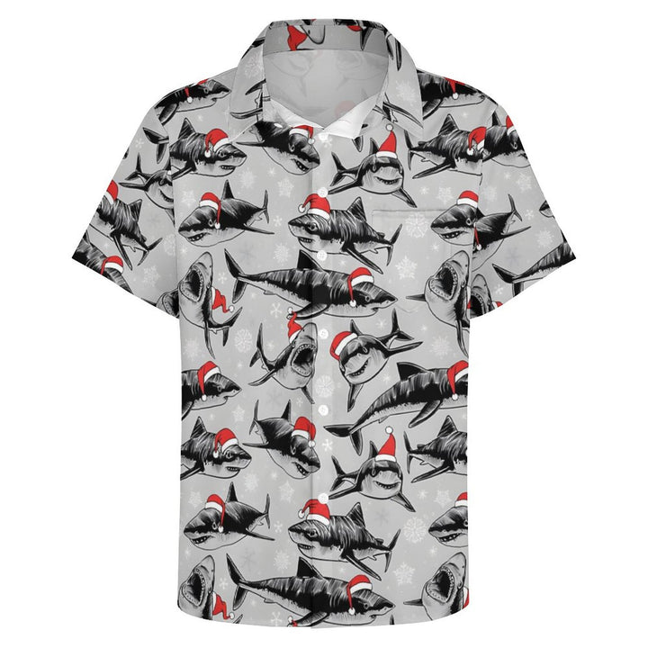 Christmas Sharks Chest Pocket Short Sleeve Shirt 2311000457