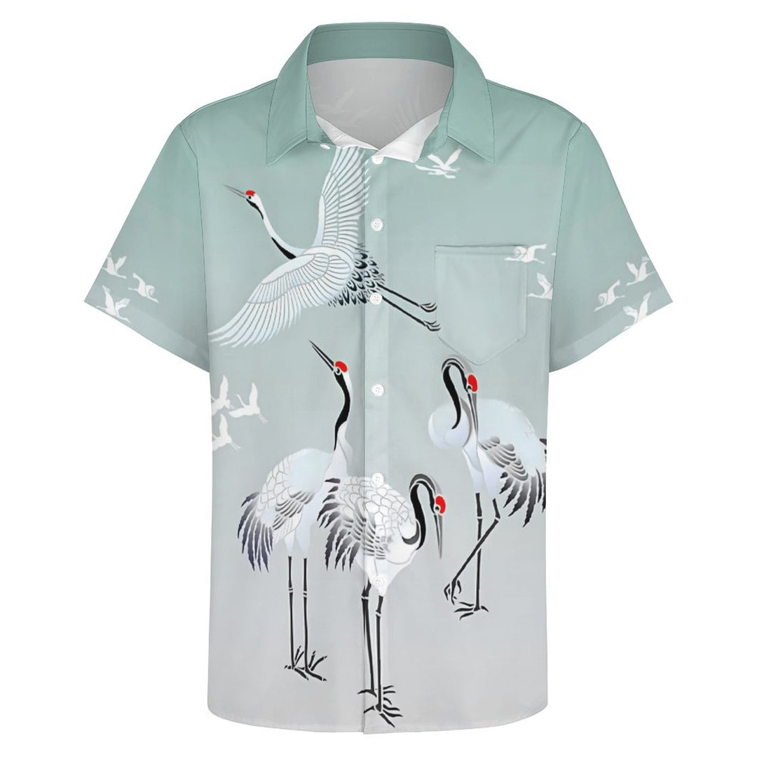Gradient White Crane Art Casual Short Sleeve Shirt 2312000216