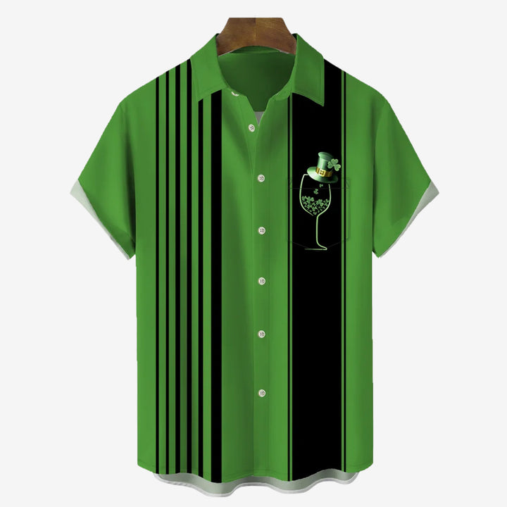 St. Patrick's Day Vintage Bowling Shamrock Wine Glass Print Hawaiian Shirt Plus Size Holiday Shirt 2401000215