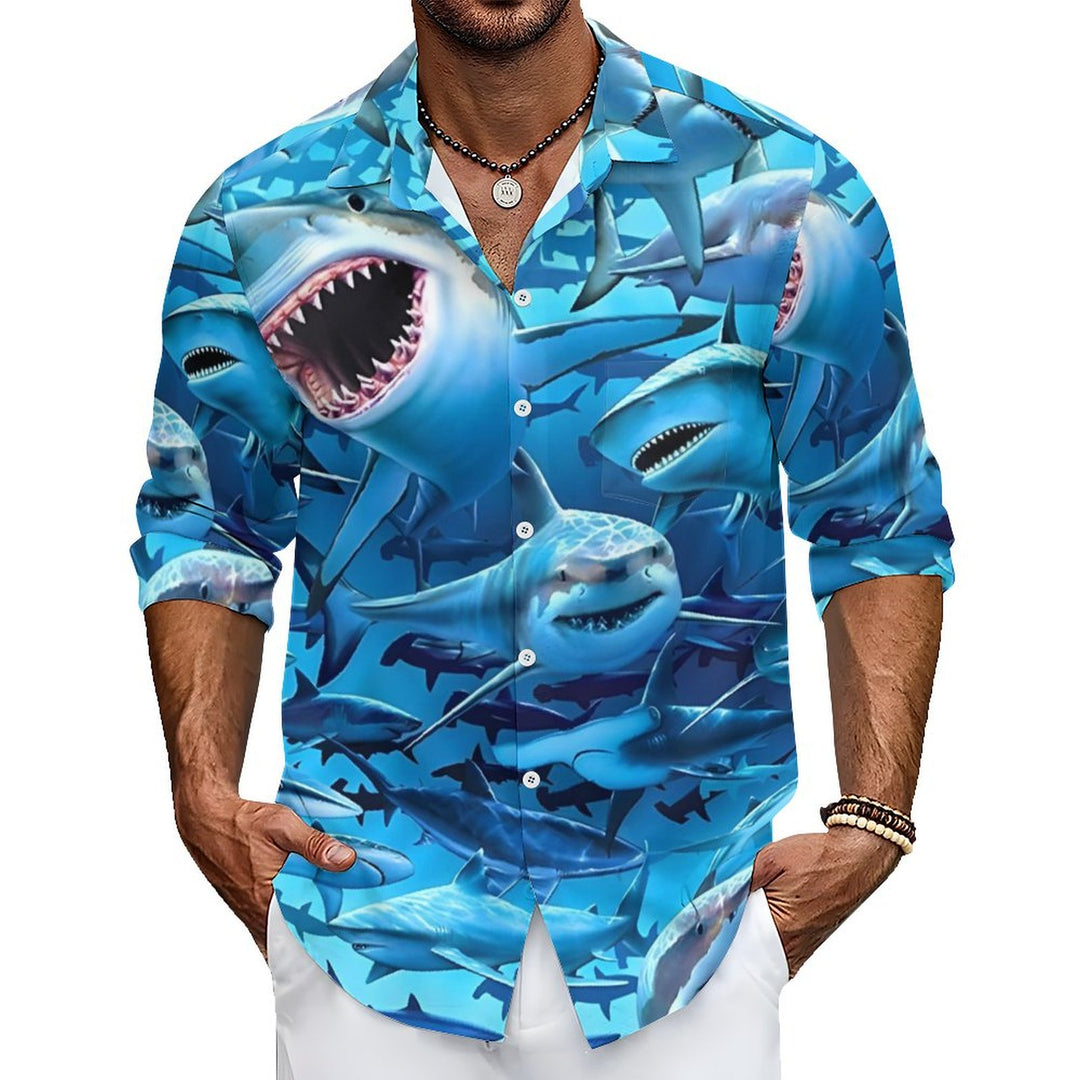 Men's Casual Shark Printed Long Sleeve Shirt 2401000052