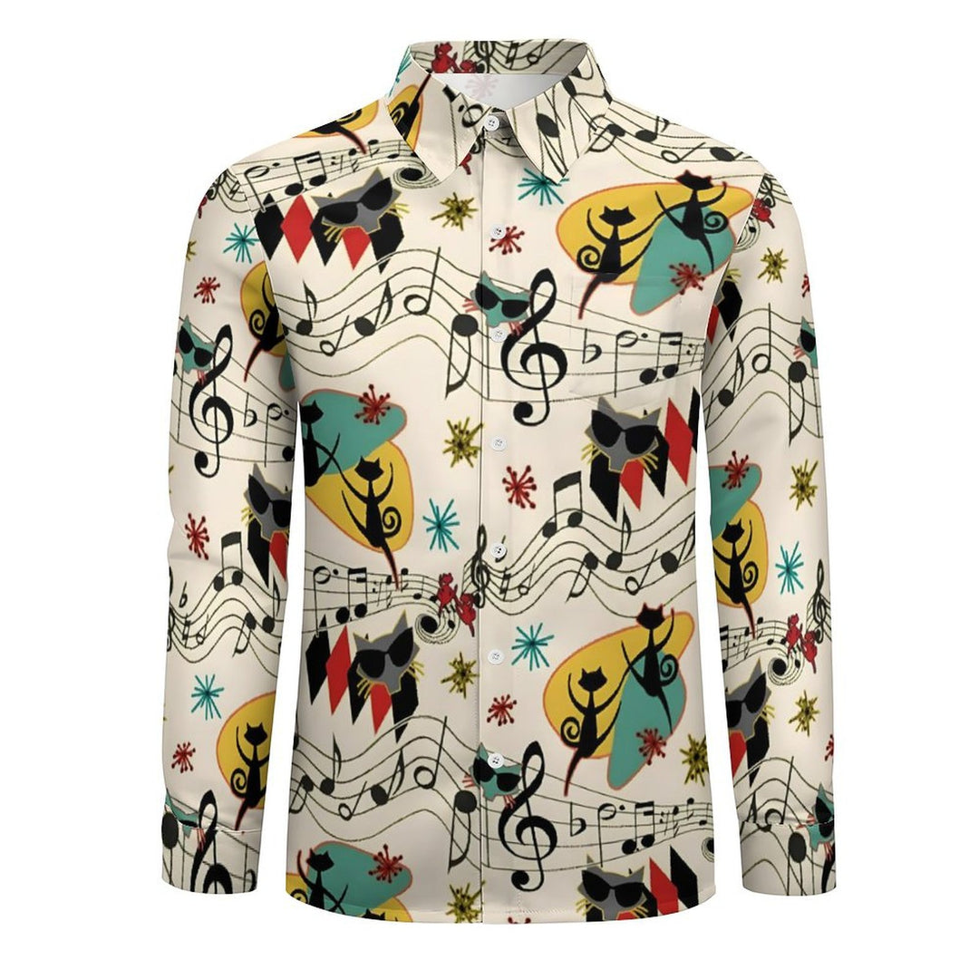 Men's Casual Geometric Cat Musical Notation Printed Long Sleeve Shirt 2401000164