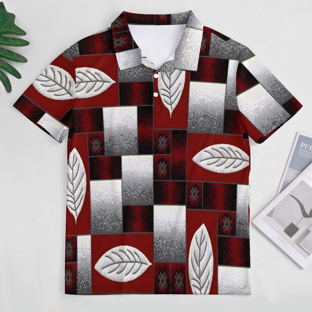 Men's Button-Down Short Sleeve Geometric Patchwork Leaf Print Polo Shirt 2312000150