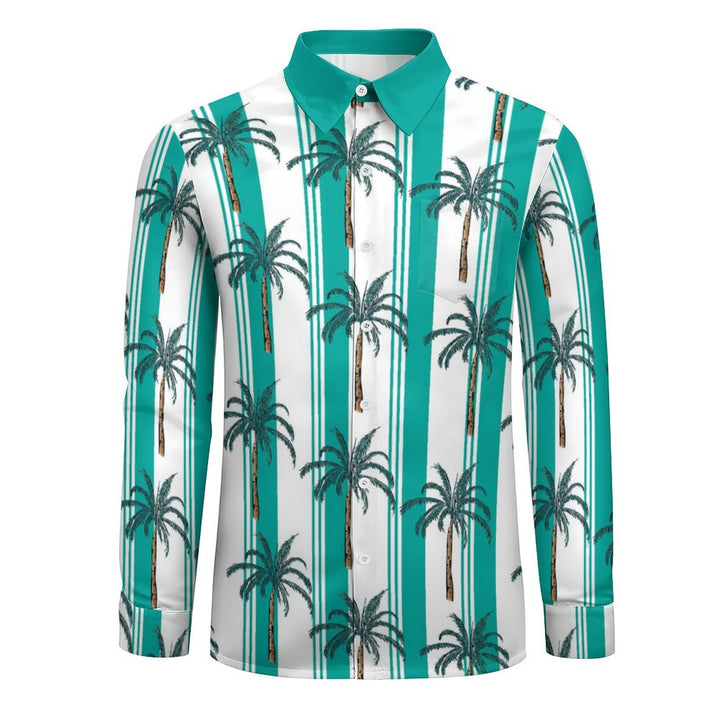 Men's Casual Coconut Palm Stripes Printed Long Sleeve Shirt 2403000050