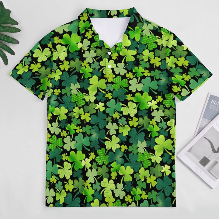 Men's Button-Down Short Sleeve St. Patrick's Day Shamrock Print Polo Shirt 2312000283