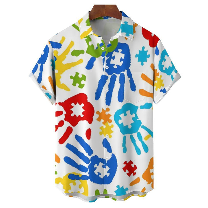 Men's Handprint Puzzle Casual Short Sleeve Shirt 2312000323