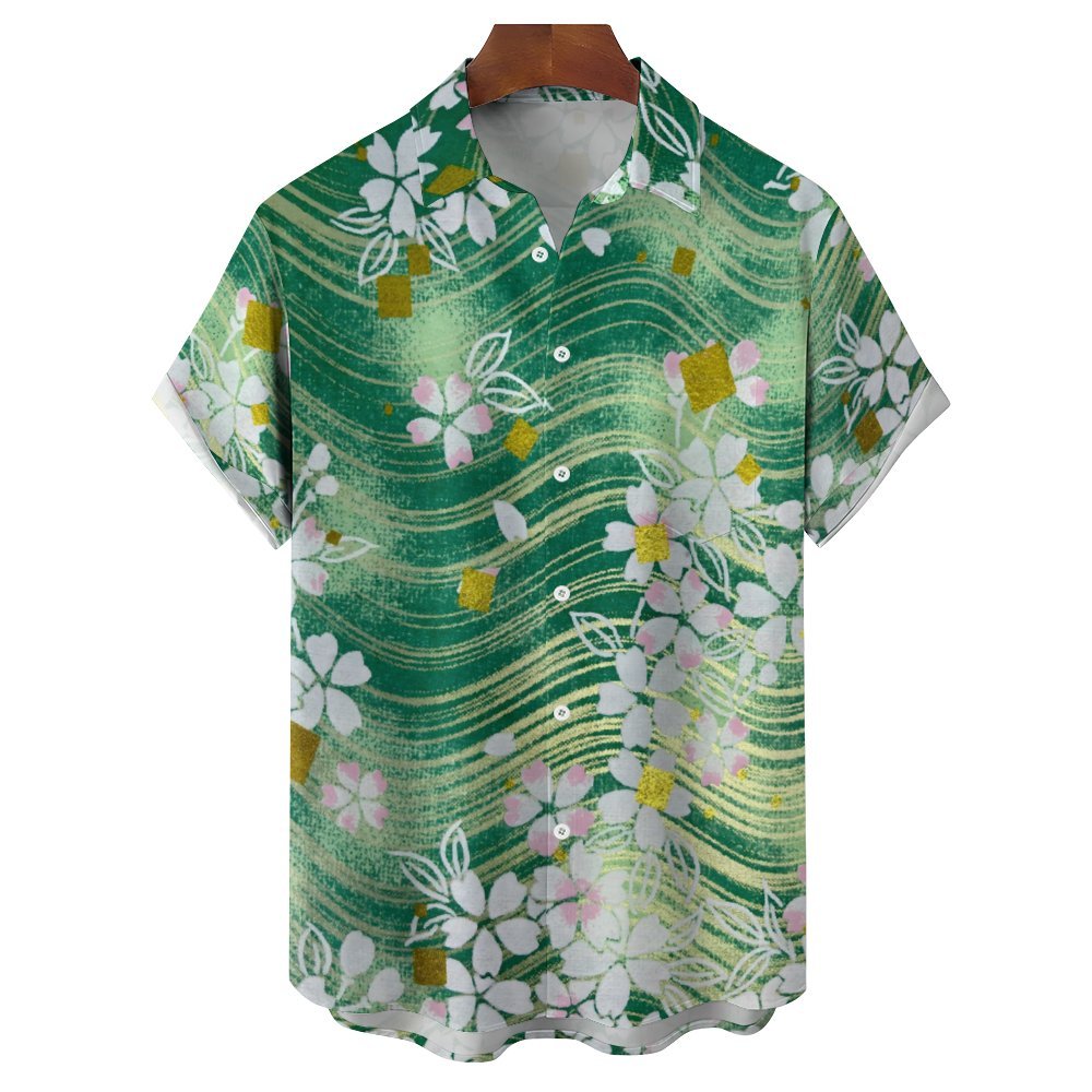 Green Ripple Flowers Men's Casual Short Sleeve Shirt 2402000324