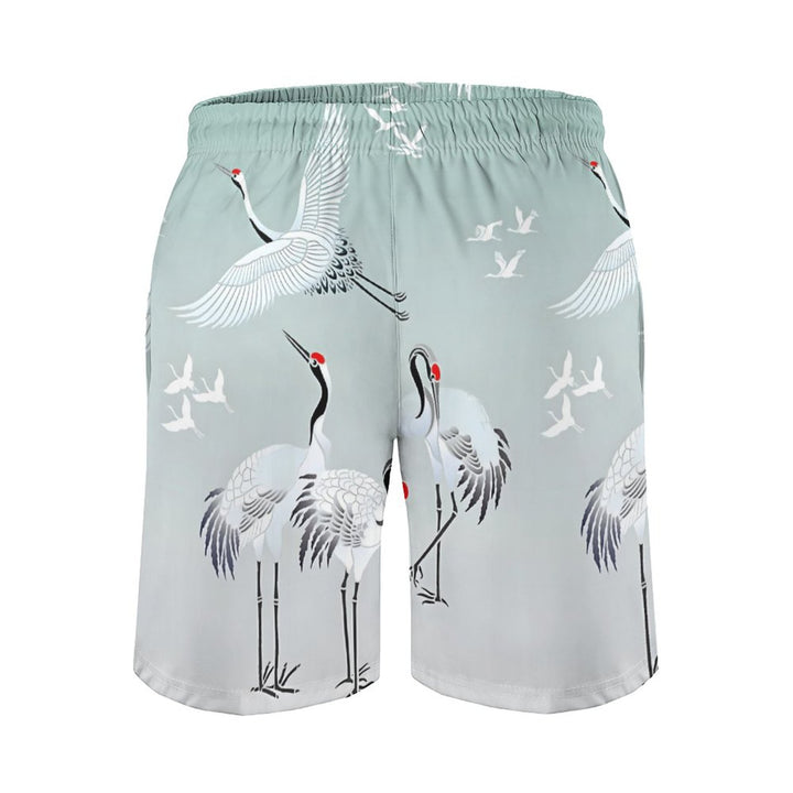 Men's Red Crowned Crane Art Beach Shorts 2312000430