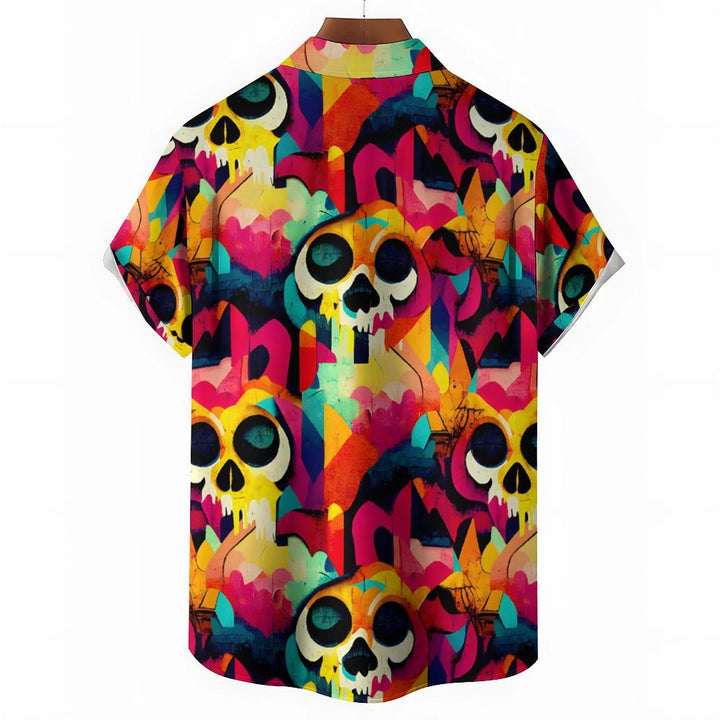 Colorful Skull Art Print Casual Short Sleeve Shirt 2402000215