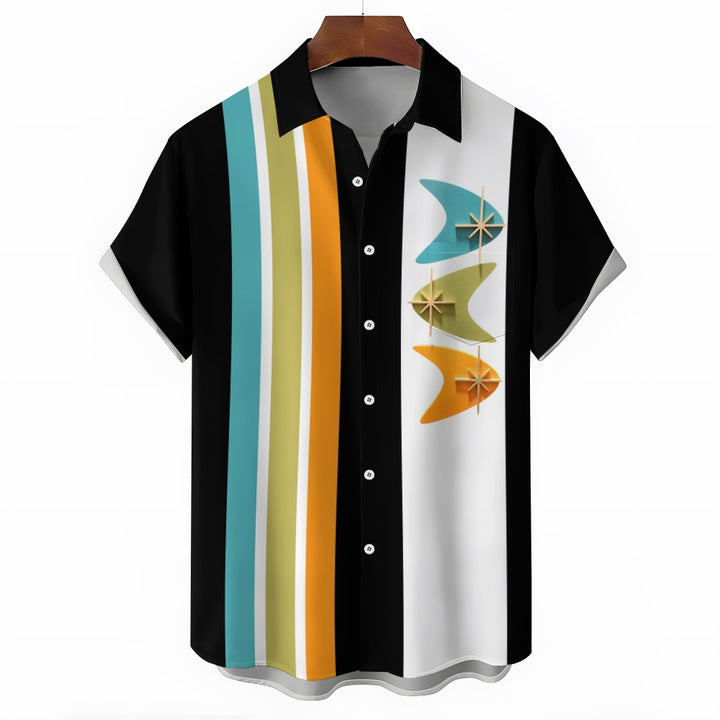 Retro Classic Boomerang Pattern Striped Bowling Shirt 240300032