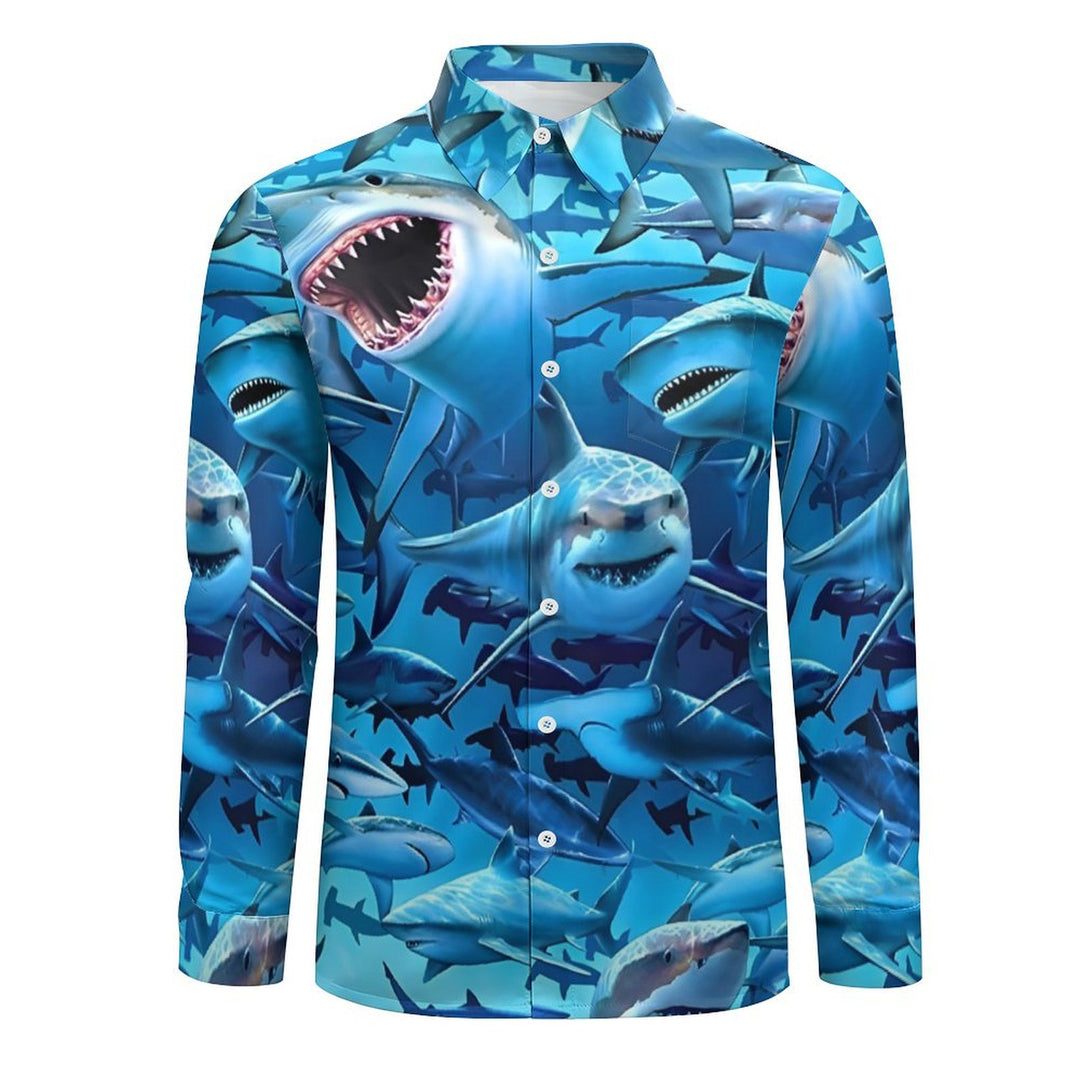 Men's Casual Shark Printed Long Sleeve Shirt 2401000052