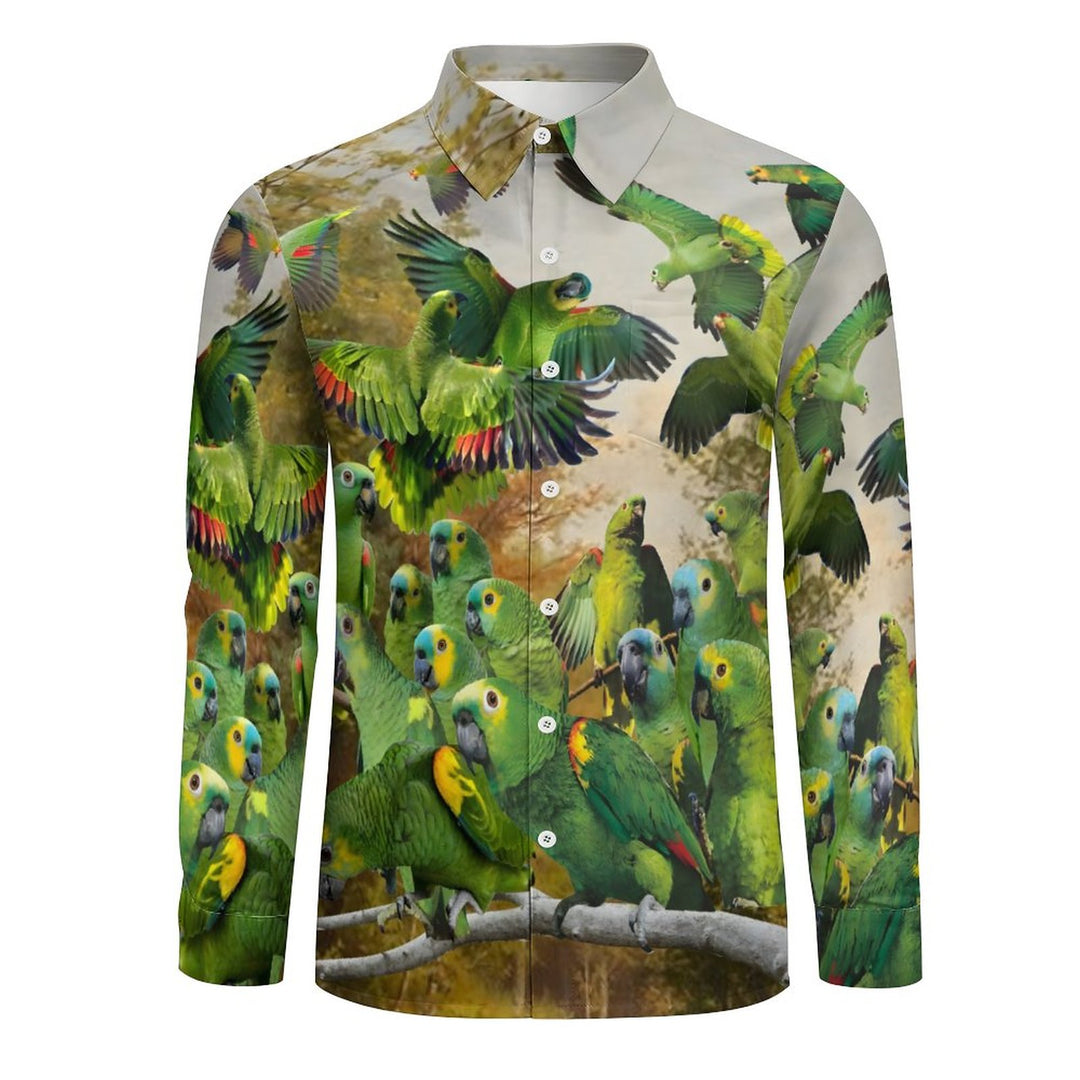 Men's Casual Parrot In The Woods Printed Long Sleeve Shirt 2312000208