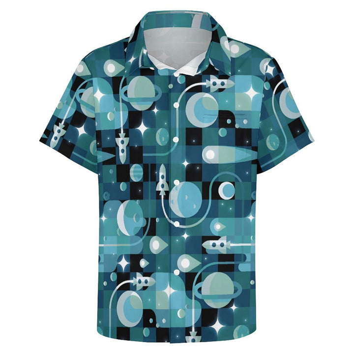 Planet And Rocket Geometric Print Casual Short Sleeve Shirt 2402000308