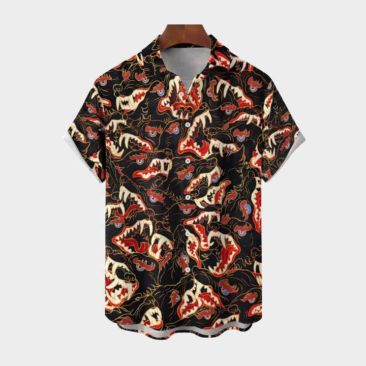 Men's Retro Medieval Wolf-Toothed Beast Casual Short Sleeve Shirt 2402000128