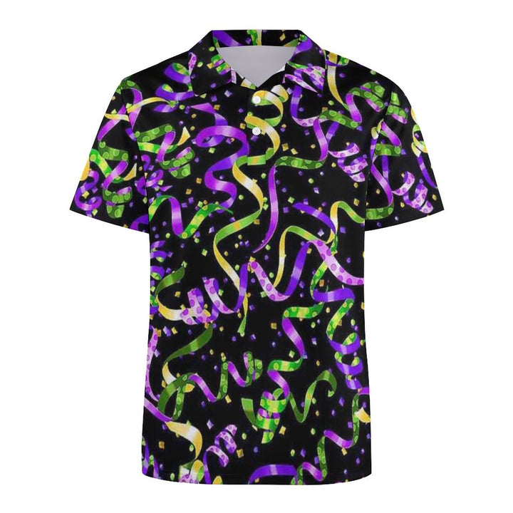 Men's Button-Down Short Sleeve Mardi Gras Print Polo Shirt 2312000268