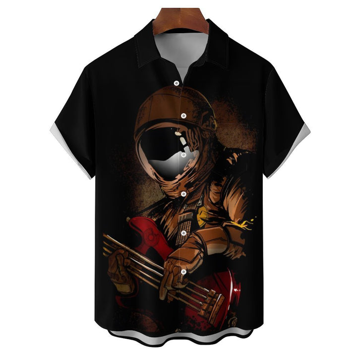 Astronaut Playing Guitar Casual Short Sleeve Shirt 2312000486