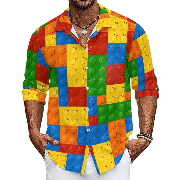 Men's Casual 3D Building Blocks Little Yellow Duck Printed Long Sleeve Shirt 2311000656