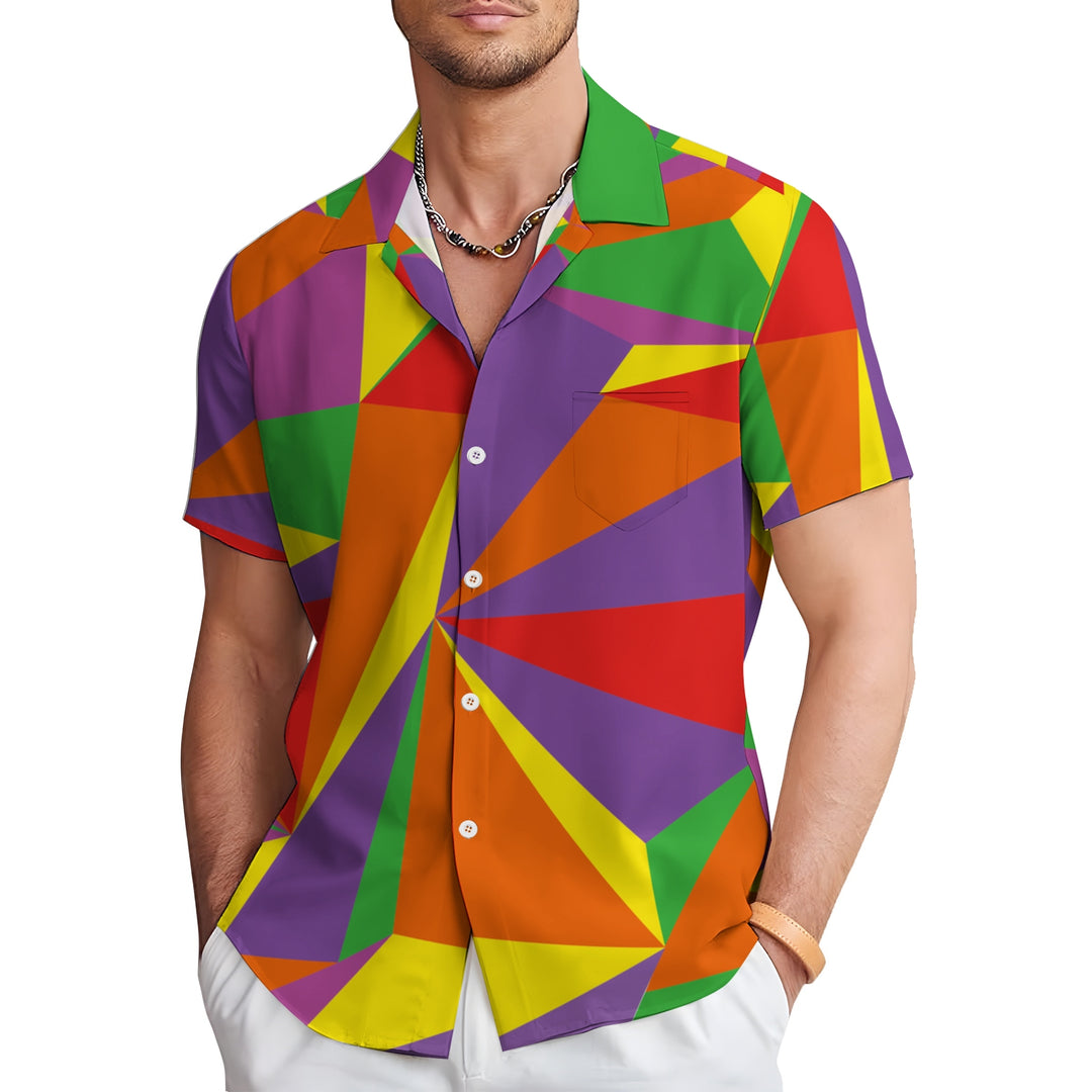 Geometric Color Block Patchwork Print Casual Short Sleeve Shirt 2403000048