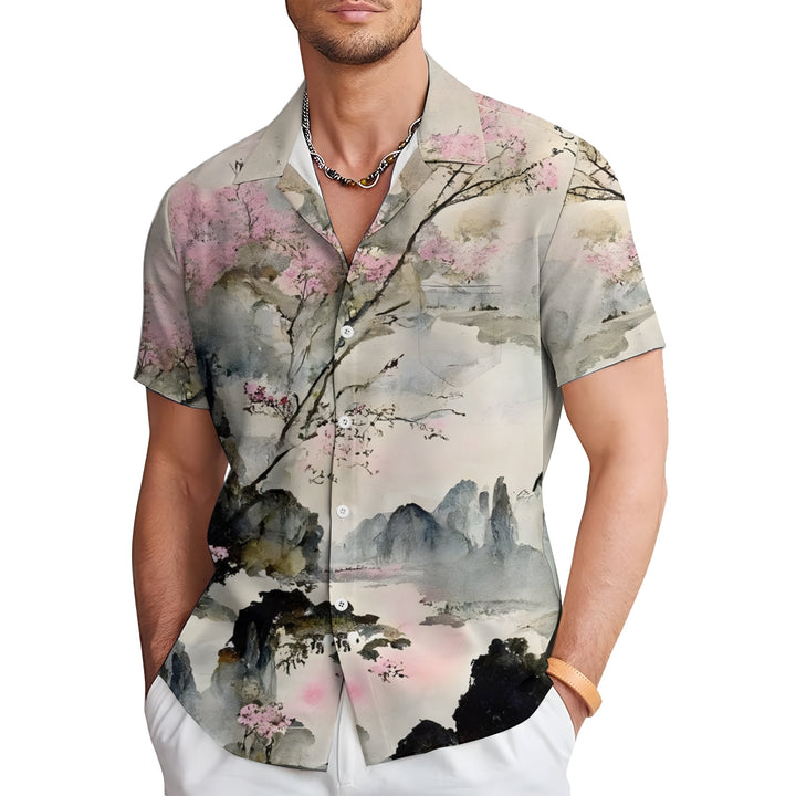 Men's Chinese Painting Ink Painting Art Casual Short Sleeve Shirt 2403000033