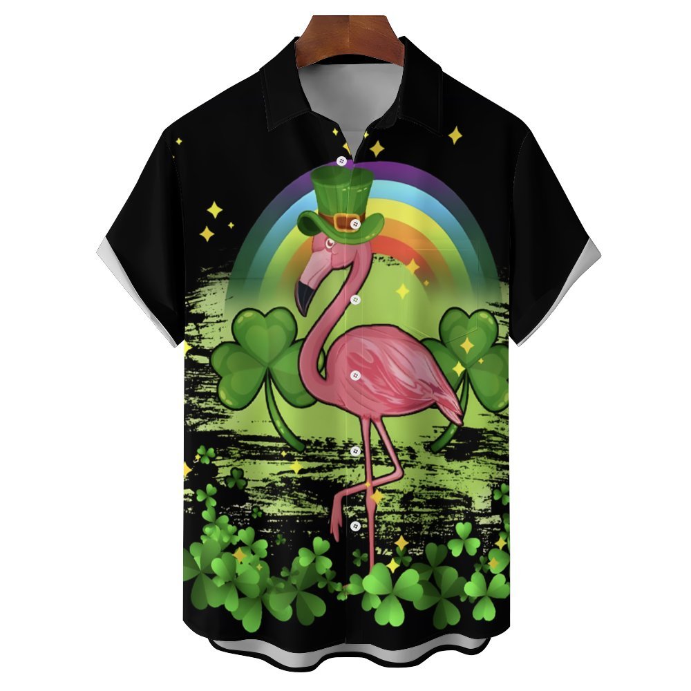St. Patrick's Day  Flamingo Casual Short Sleeve Shirt 2401000405