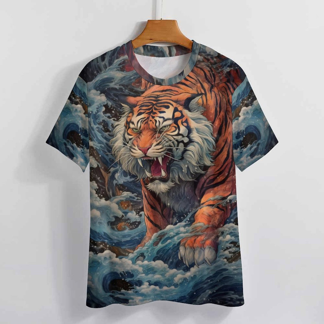 Men's Ukiyoe Art Style Tiger Crew Neck Casual T-Shirt 2402000102