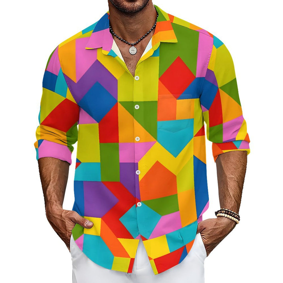 Men's Casual Colorful Geometric Blocks Printed Long Sleeve Shirt 2403000053