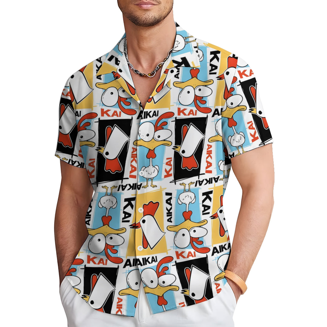 Fun Cartoon Chicken Print Casual Short Sleeve Shirt 2403000378