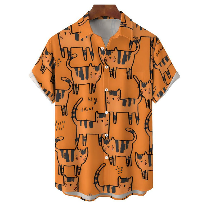 Men's Orange Cat Casual Short Sleeve Shirt 2401000112