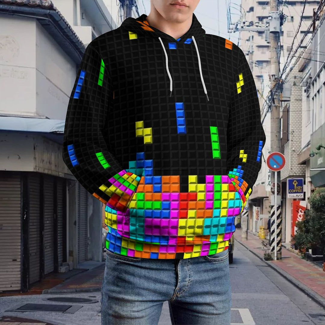 Unisex Casual Tetris Print Pocket Hoodie 2308100168