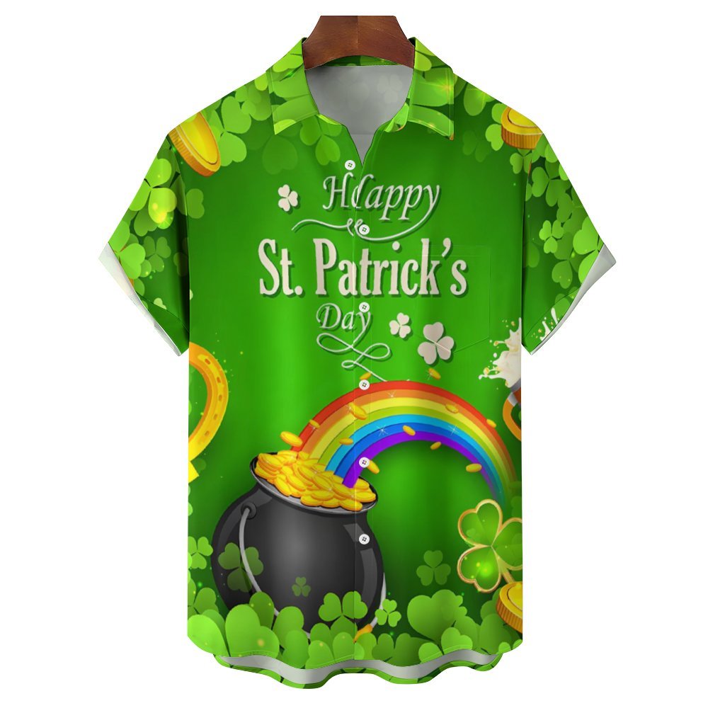 St. Patrick's Day Rainbow Print Breast Pocket Short Sleeve Shirt