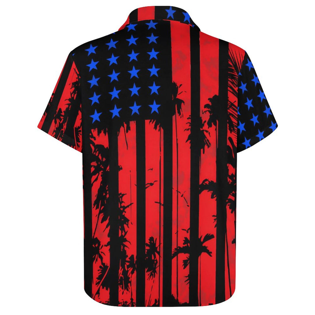 Flag Coconut Tree Chest Pocket Short Sleeve Casual Shirt 2312000516