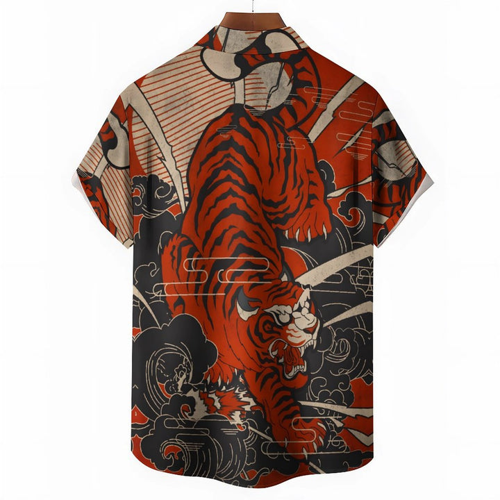 Tiger Ukiyo-E Art Style Print Casual Short Sleeve Shirt 2402000273