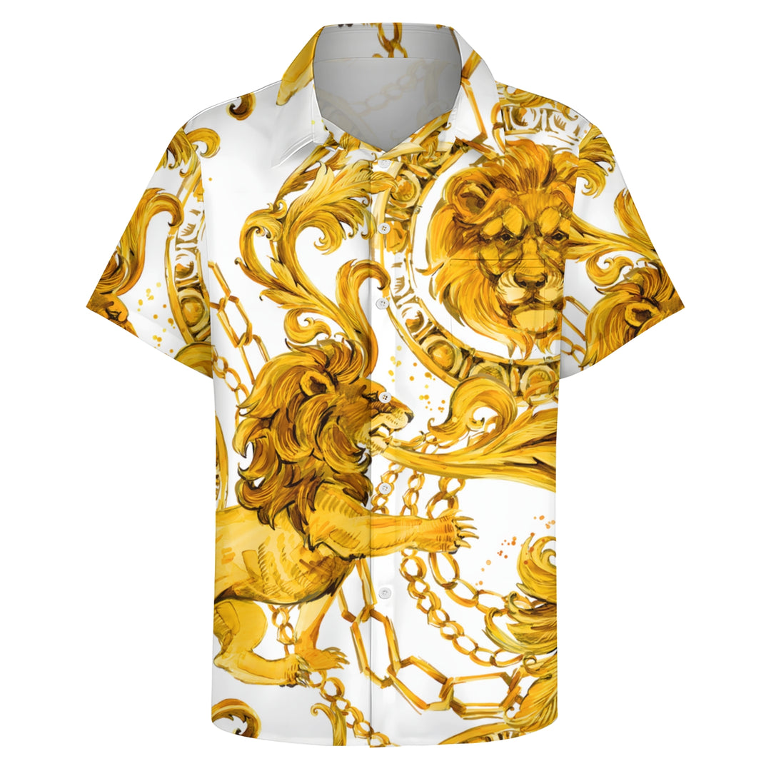 Men's Baroque Lion Chain Casual Short Sleeve Shirt 2403000129