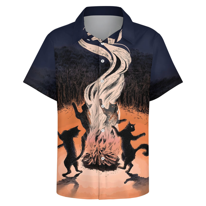 Men's Cat Bonfire Casual Short Sleeve Shirt 2403000080