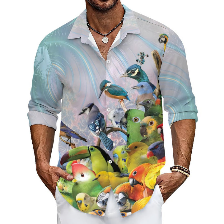 Men's Casual Tropical Rainforest Bird Printed Long Sleeve Shirt 2312000196
