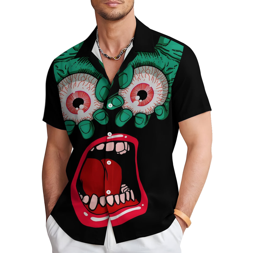 Funny Scary Eyeballs And Mouth Prints Casual Short Sleeve Shirt 2403000105