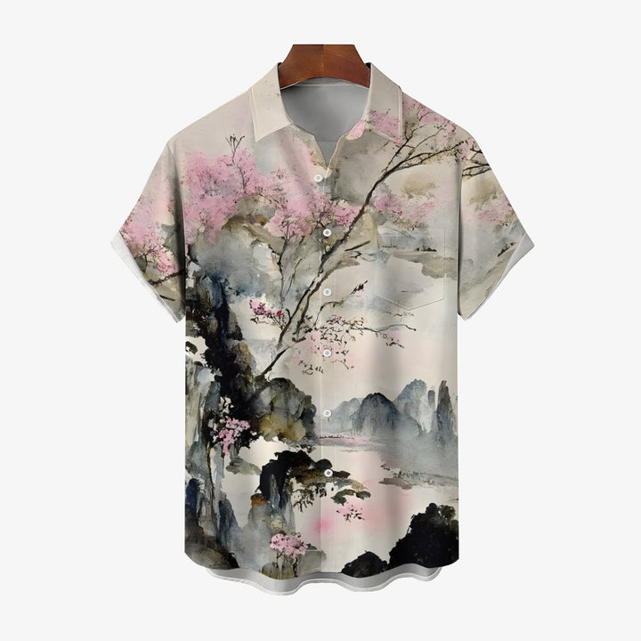 Men's Chinese Painting Ink Painting Art Casual Short Sleeve Shirt 2403000033