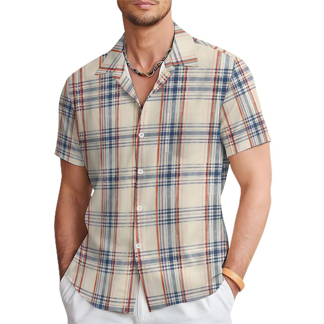 Beach Vacation Off-White Plaid Casual Short Sleeve Shirt 2312000188