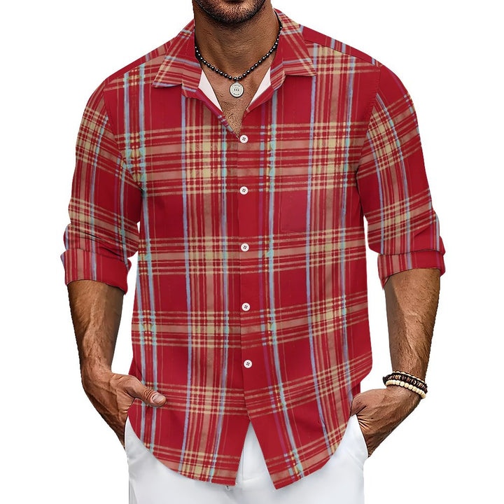 Men's Casual Beach Vacation Red Plaid Printed Long Sleeve Shirt 2312000199