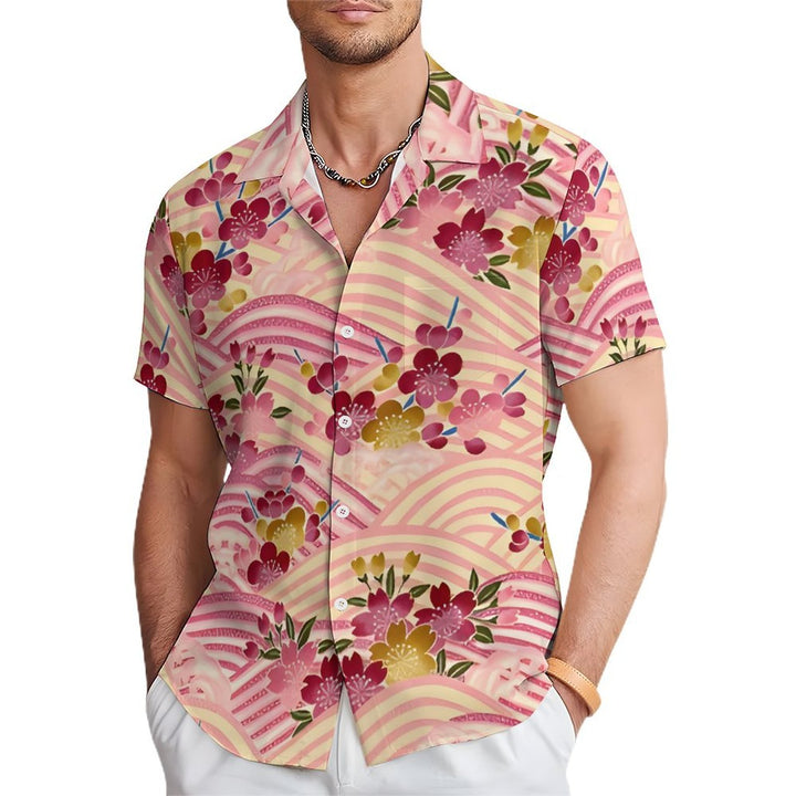 Men's Sakura Art Print Casual Short Sleeve Shirt 2402000321