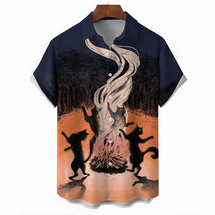 Men's Cat Bonfire Casual Short Sleeve Shirt 2403000080