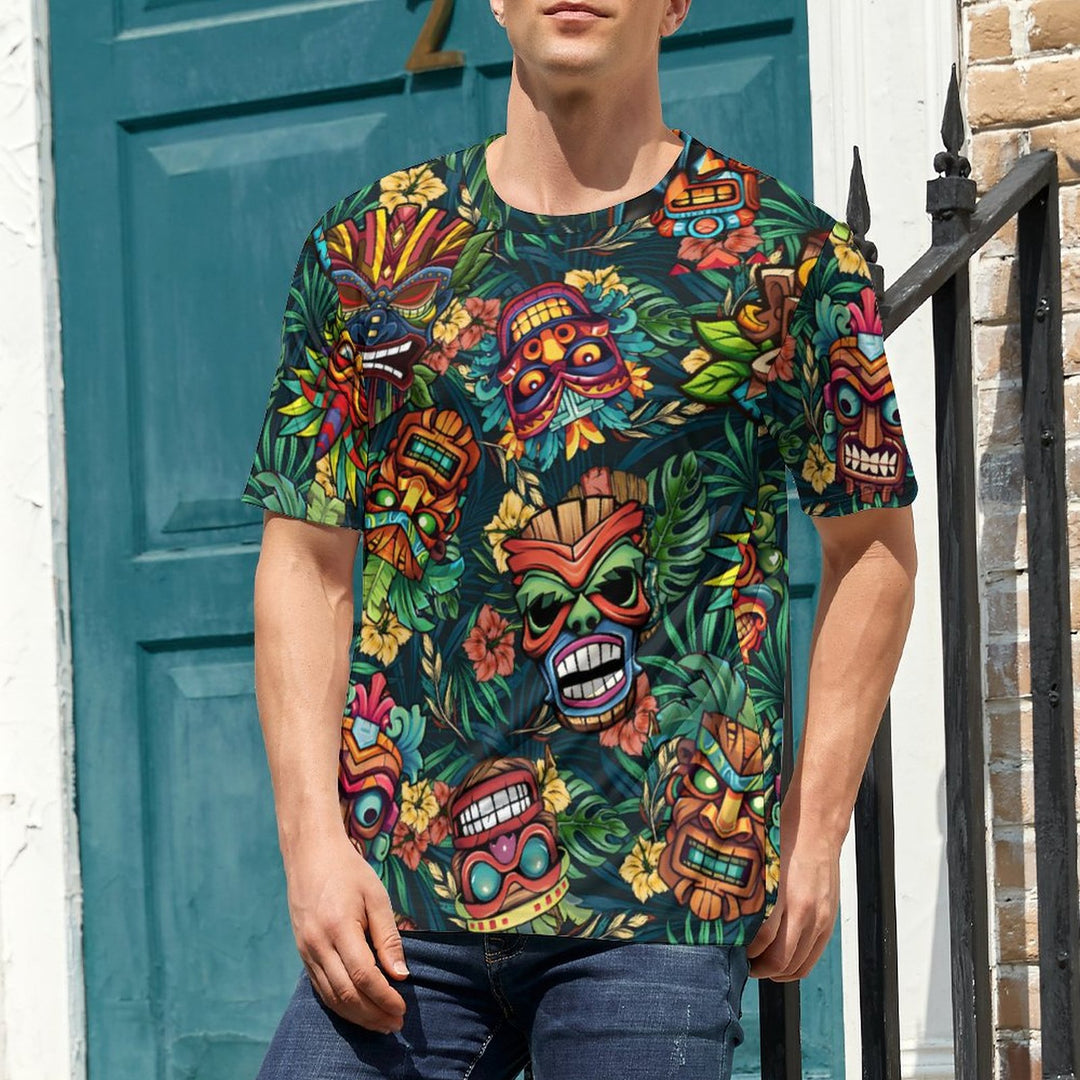 Men's Round Neck Tiki Art Casual T-Shirt 2312000407