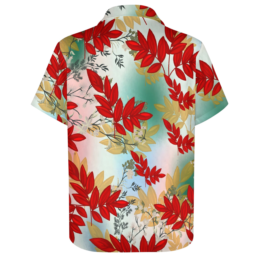 Men's Red Leaf Print Casual Short Sleeve Shirt 2403000031