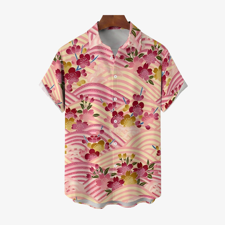 Men's Sakura Art Print Casual Short Sleeve Shirt 2402000321