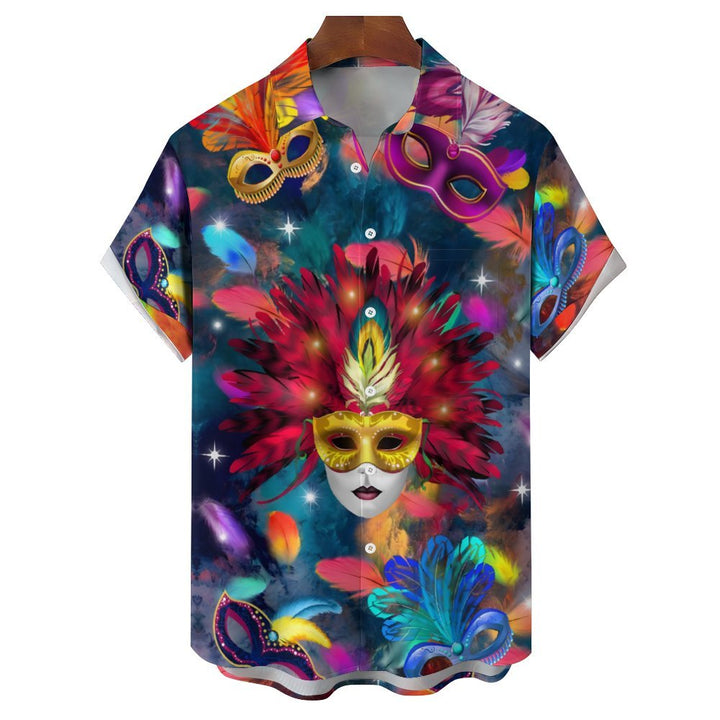 Men's Mardi Gras Mask Casual Short Sleeve Shirt 2312000373