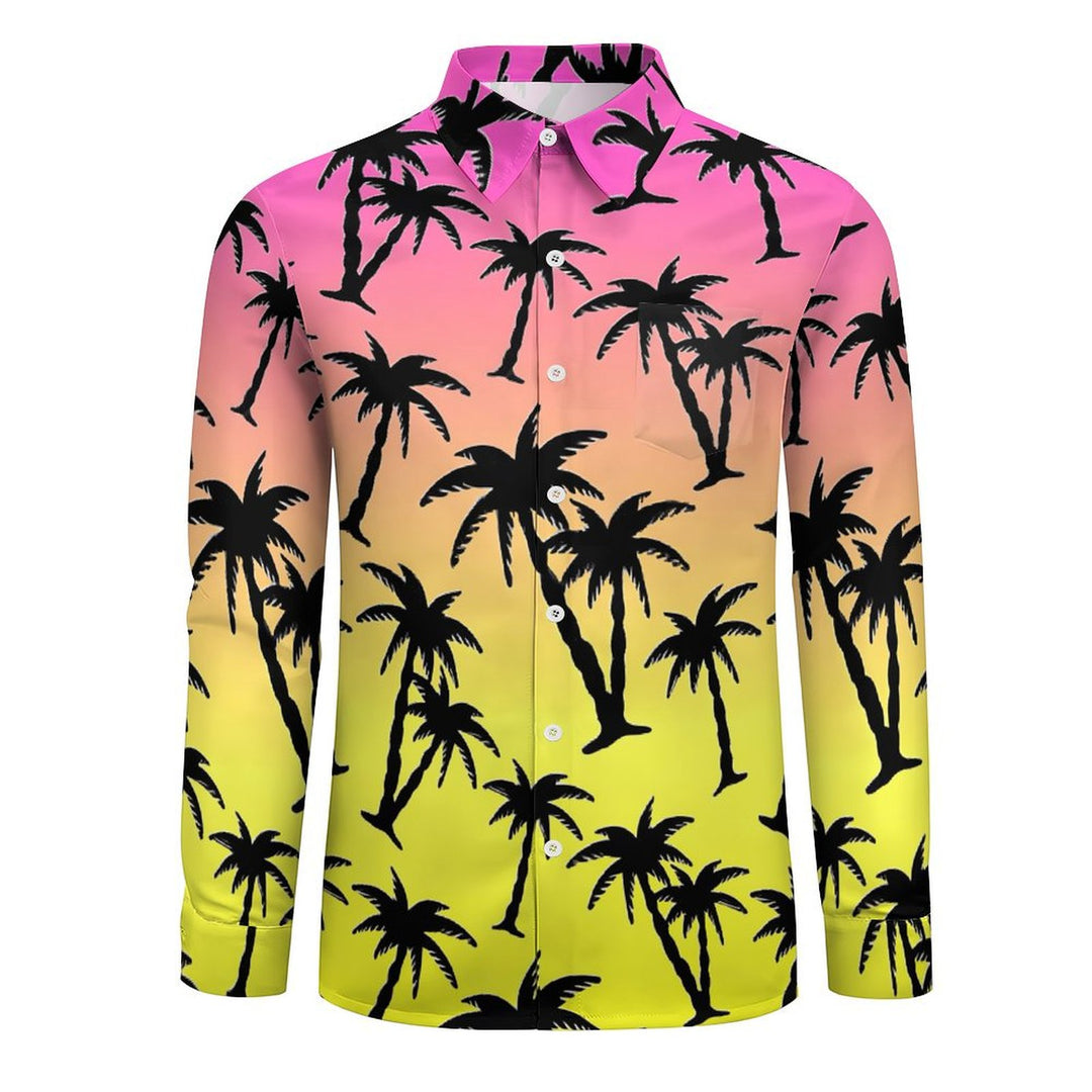 Men's Casual Gradient Coconut Tree Printed Long Sleeve Shirt 2403000052